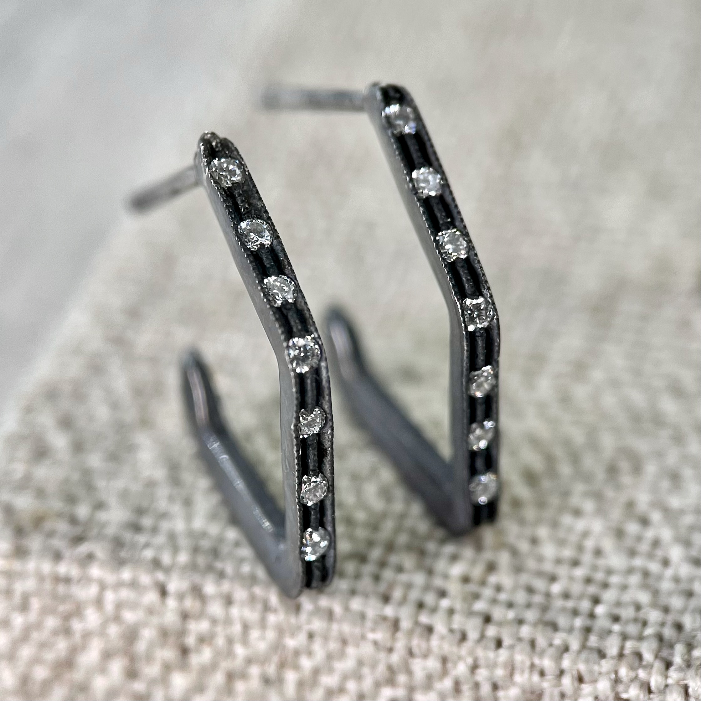 Blackened Silver Geometric Hoop Earrings with Diamonds - Sholdt 